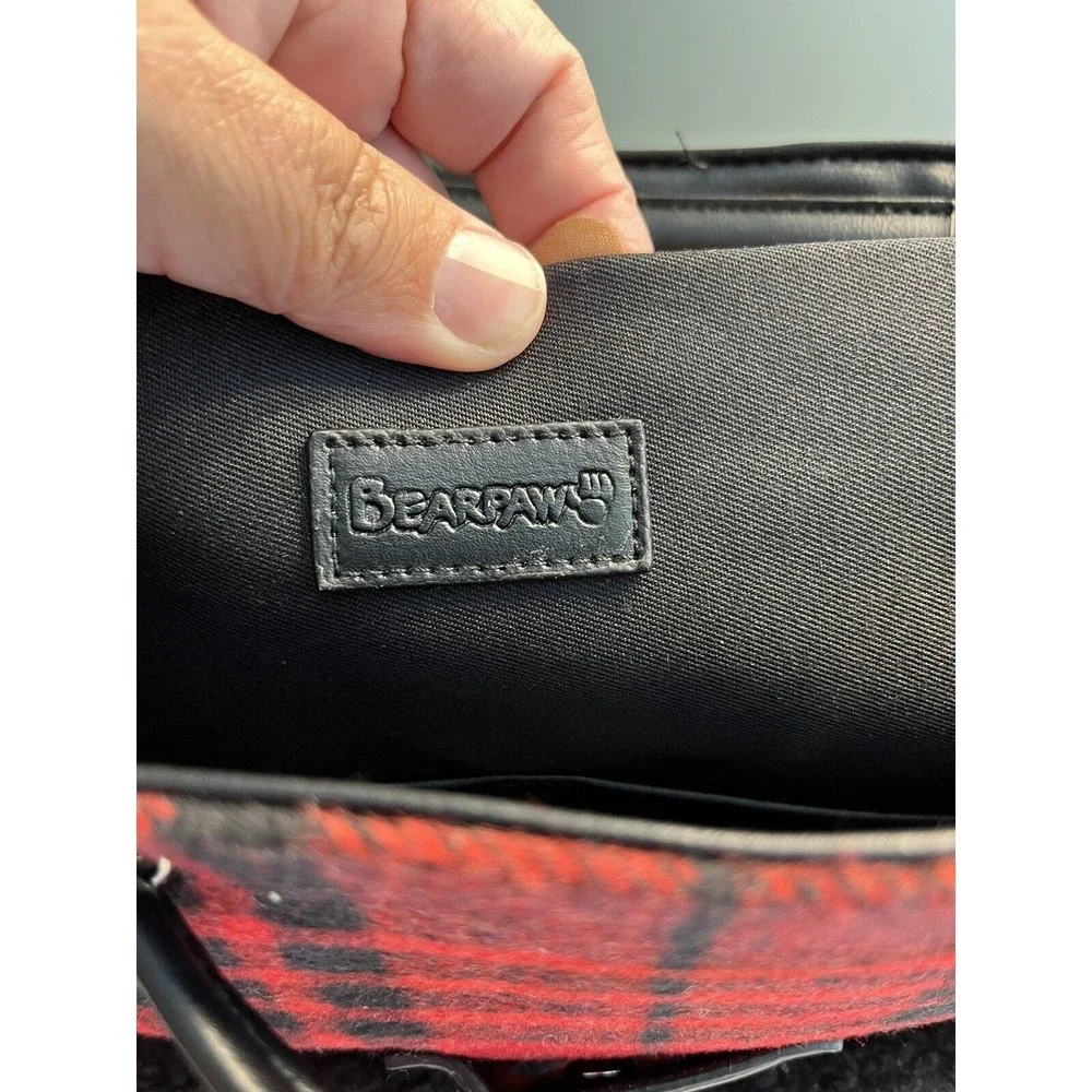 BEARPAW Faux Shearling Trim Drawstring Backpack, Red and Black Buffalo Plaid